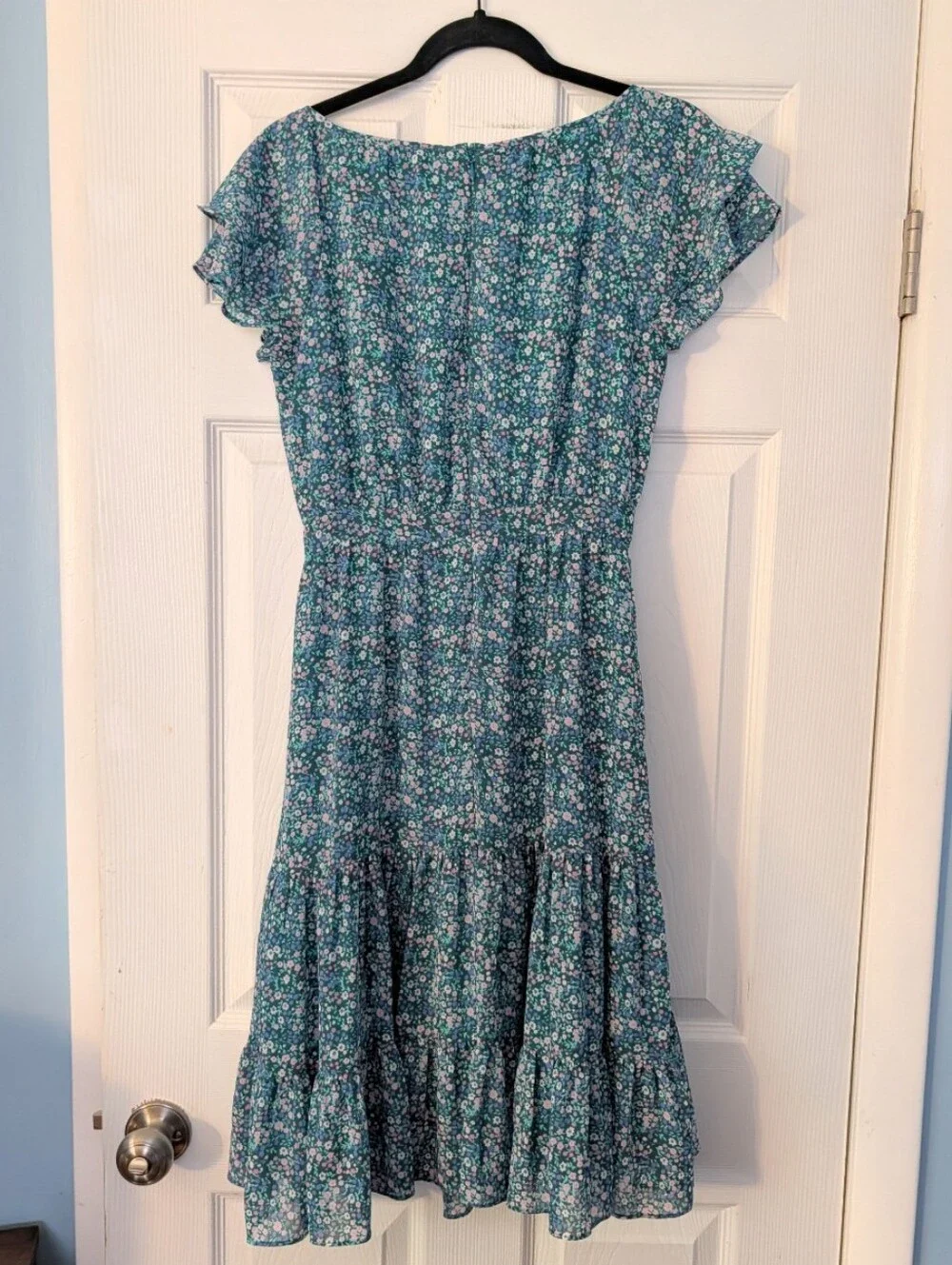 Blue Floral Tiered Midi Dress with Ruffle Sleeves